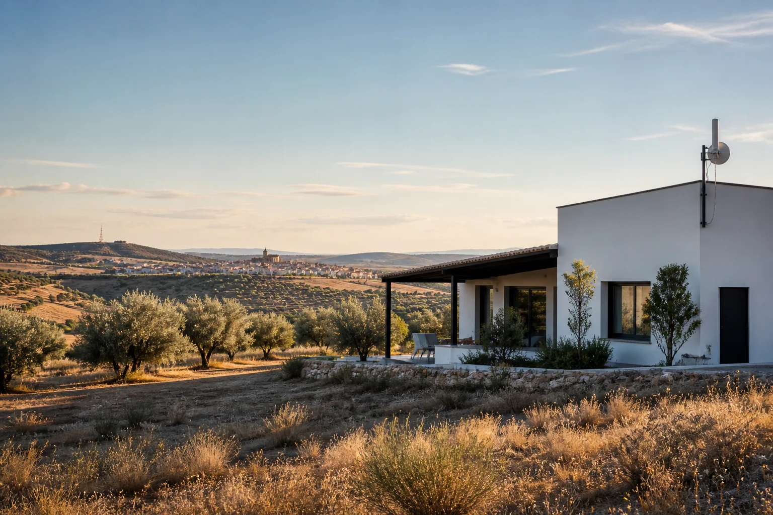 Vivienda en un paisaje rural al atardecer